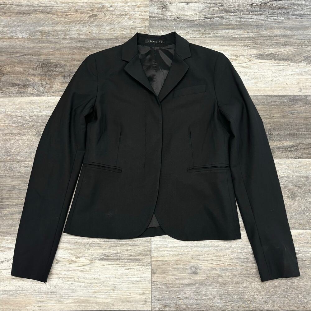 Theory Black Womens 0 Lined Notch Lapel Formal Business Cropped Wool Blazer USA